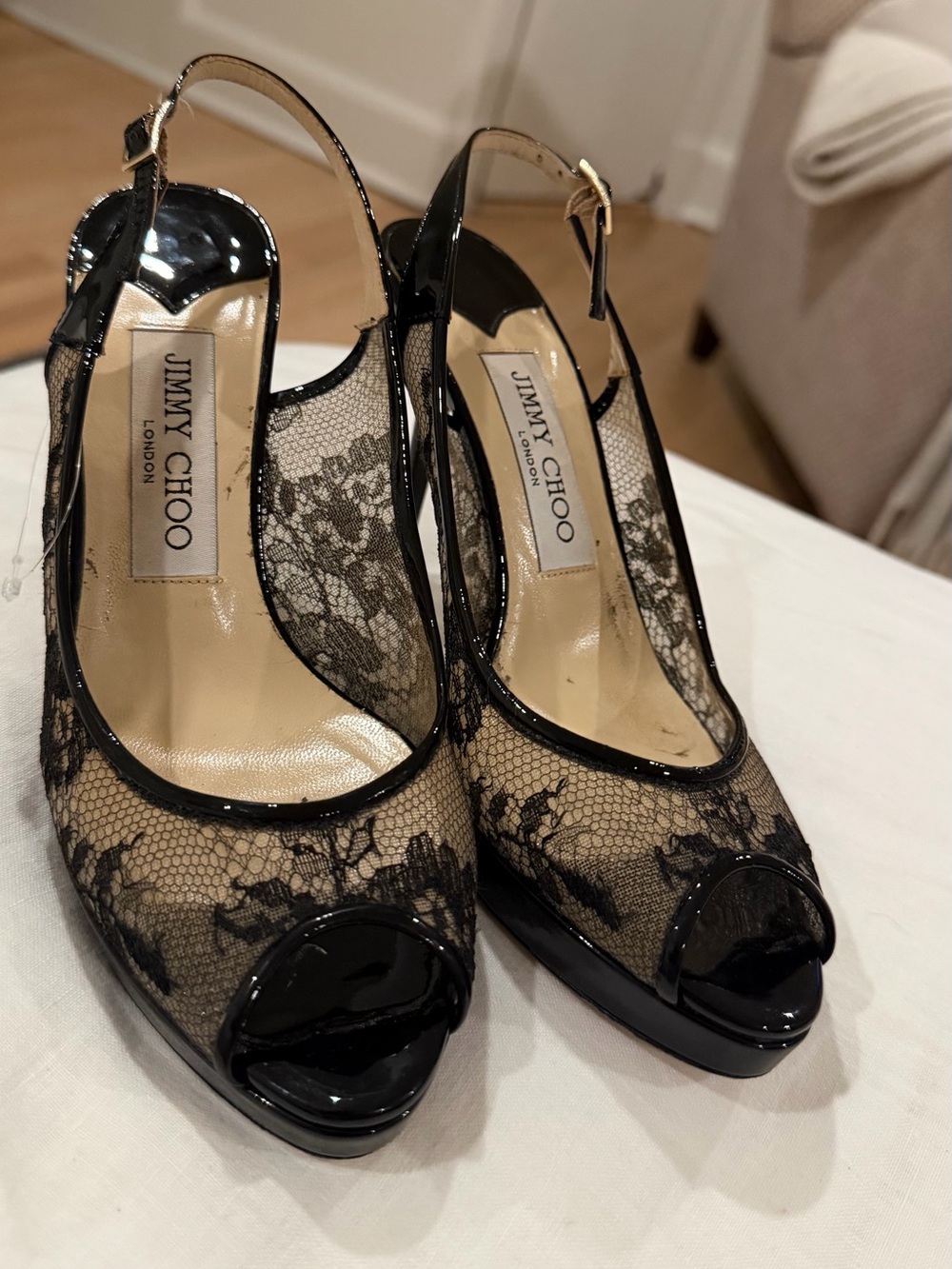 Jimmy Choo Black Lace and Nude Peep-Toe Slingbacks